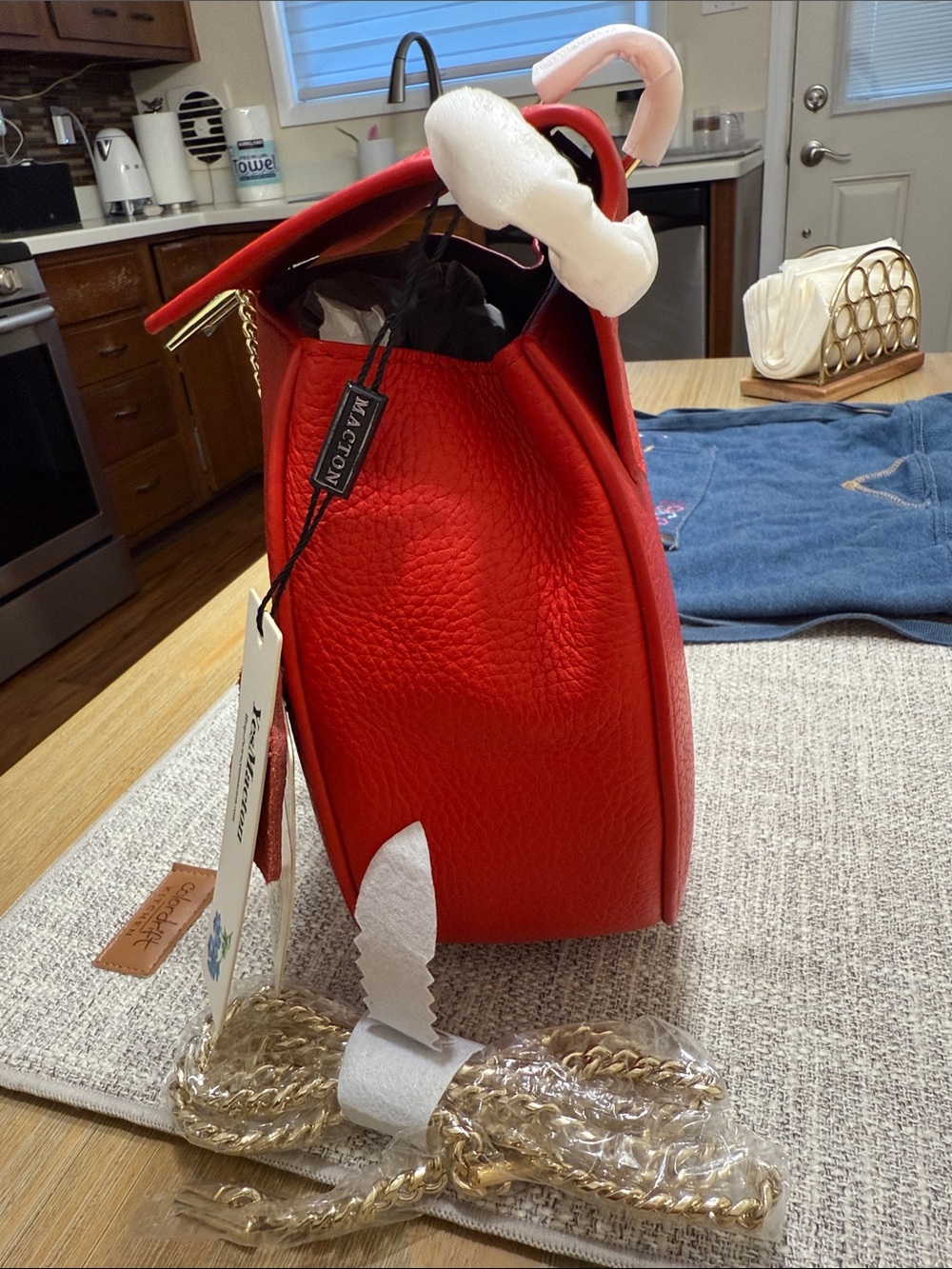 Red Leather Crossbody Bag with Gold Hardware - - Picture 7 of 8